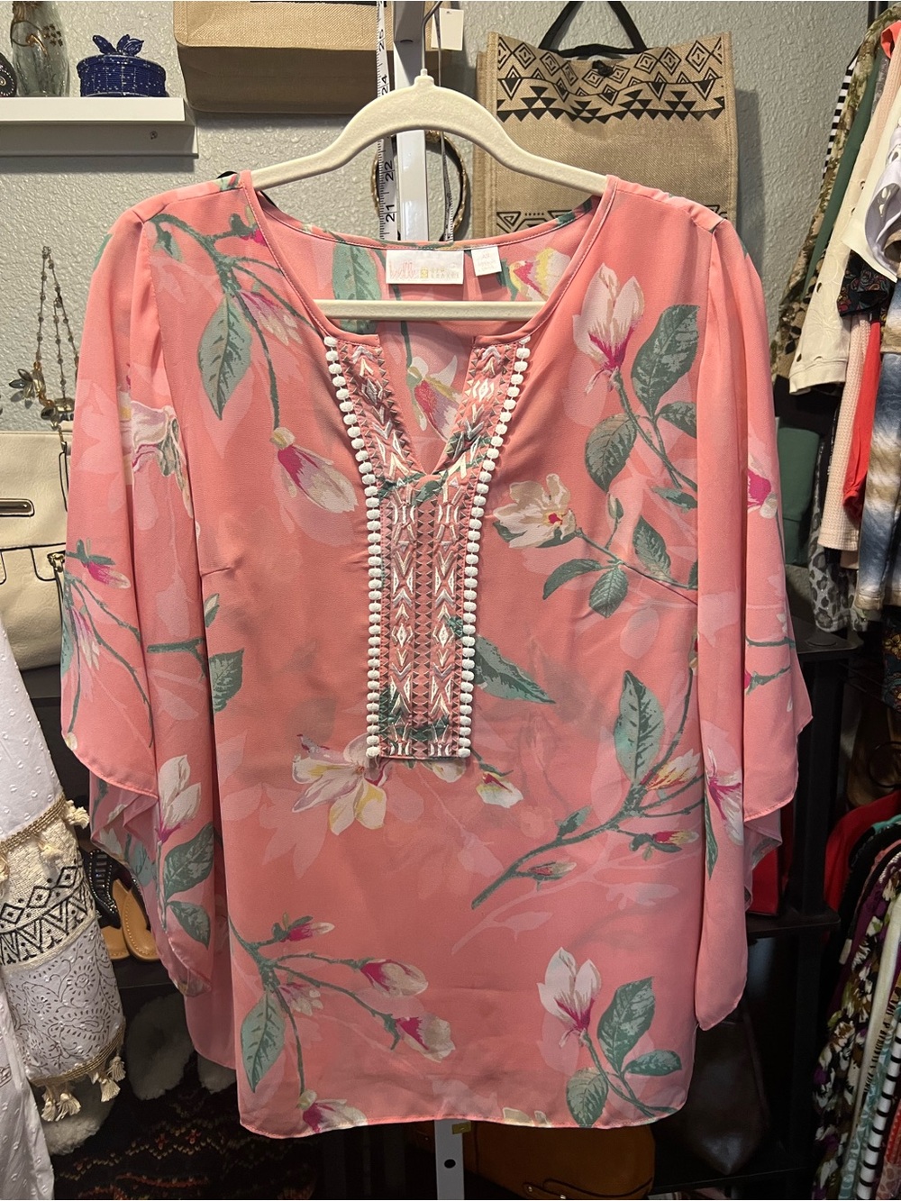 Belle by Kim Gravel Coral Pink Floral Tunic with Embroidered Placket